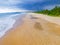 Dark clouds storm above landscape panorama Bentota Beach Sri Lanka