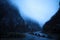 Dark and cloudy Norwegian morning. Rain in Norway. Fog in the mountains. Languid mountains. Stones. Boulder. Rock. Waterfalls in t