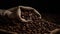 Dark coffee bean drink, close up Caffeine, burlap, freshness, seed, agriculture generated by AI