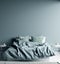 Dark cold blue bedroom interior with linen sheet on bed, wall mock up