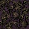 Dark colored floral pattern. Golden contours of rose flowers on spotted purple and black background.