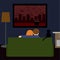 Dark colored illustration in flat style with couple and black cat watching the scary film on television sitting on couch in room