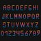 Dark colored neon font with numbers. English, French or Portuguese alphabet