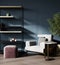 Dark colorful living room interior with gray armchair, pink pouf and plant, minimalist style, 3d render