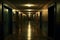 Dark corridor or hallway with many doors, vintage toned. Neural network AI generated