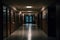 Dark corridor or hallway with many doors, vintage toned. Neural network AI generated