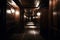 Dark corridor or hallway with many doors, vintage toned. Neural network AI generated