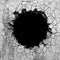 Dark cracked broken hole in concrete wall. Grunge background