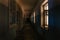 Dark creepy corridor of abandoned hospital at night. Horror concept