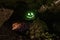 Dark creepy glowing phosphorescent smiling face on hanging stone in cave