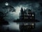 Dark and creepy haunted castle reflecting in water during full moon. Generative AI