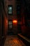 A dark creepy narrow boston alley at night