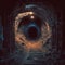 Dark creepy tunnel in an abandoned mine with rusty rail tracks leading into the unknown. Generative AI illustration