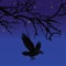 Dark crow bird flying over scary halloween night tree vector