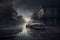 dark deserted street with car standing in middle of flood consequences