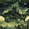 Dark and detailed forest city illustration with mountains and luminous scenes (tiled