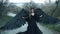 Dark devil came down from heaven, girl with massive black wings and horns in long vintage dress with cool loose sleeves