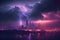 Dark dramatic stormy night sky with lightning bolts over city under rain. AI illustration