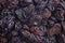 Dark dried raisins close- up food background