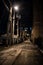 Dark and eerie city alley at night