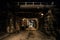 Dark and eerie city alley with vintage railway bridge at night