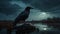 Dark eerie swamp with crows and ravens, under the moonlight. Frightening and horror concept. Halloween idea.