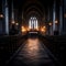 a dark empty church with pews and candles