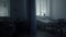 Dark empty hospital room interior with abandoned neat beds shuttered windows.