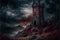 Dark fantasy ancient fortress castle tower in melancholic landscape with dead trees