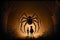 Dark fantasy illustration of a torch-bearing child confronting an enormous arachnid in an enigmatic woodscape