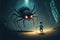 Dark fantasy illustration of a torch-bearing child confronting an enormous arachnid in an enigmatic woodscape