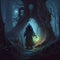 A Dark Fantasy Scene Featuring a Cloaked Man Holding a Lantern in a Mysterious Forest