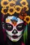 Dark festively painted face of a woman in her hair bright orange flowers. For the day of the dead and Halloween