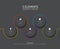 Dark five circle steps template with white cards colorful tabs icons and description