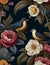 Dark floral with luxury accent and botanical big birds, wallpaper design, art, home decoration