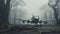 Dark Foggy Woods: A Post-apocalyptic Jet Airplane In Poignant Yankeecore Style