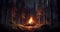 Dark forest burning flame illuminating spooky mystery generated by AI