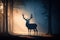 Dark forest foggy morning sun with dark brown deer. Generative AI.