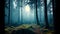 dark forest with a full moon in the background, concept art, conceptual art, photo-realistic unreal engine, blueish moonlight