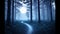 dark forest with a full moon in the background, concept art, conceptual art, photo-realistic unreal engine, blueish moonlight