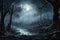 Dark forest. Gloomy dark scene with trees, big moon, moonlight. Smoke, shadow. Abstract dark, cold street background