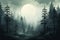 Dark forest. Gloomy dark scene with trees, big moon, moonlight. Smoke, shadow. Abstract dark, cold street background