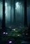 Dark forest and glowing pink mushroom cinematic scene