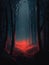 dark forest lit up with eerie red and een lights giving the woods a mysterious atmosphere. Gothic art. AI generation