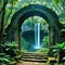 dark forest with stone arch and waterfall in the middle