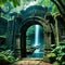 dark forest with stone arch and waterfall in the middle