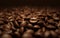 Dark freshly roasted coffee beans 3d rendering background. Top view. Masses of coffee beans close up