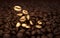 Dark freshly roasted coffee beans 3d rendering background. Top view. Masses of falling golden coffee beans close up