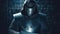 Dark futuristic cyborg knight in steel armor wields sword weapon generated by AI