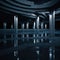 Dark Futuristic Large Room With Round Columns, Wet Concrete Asphalt, Parking For Future Cars, Generative AI